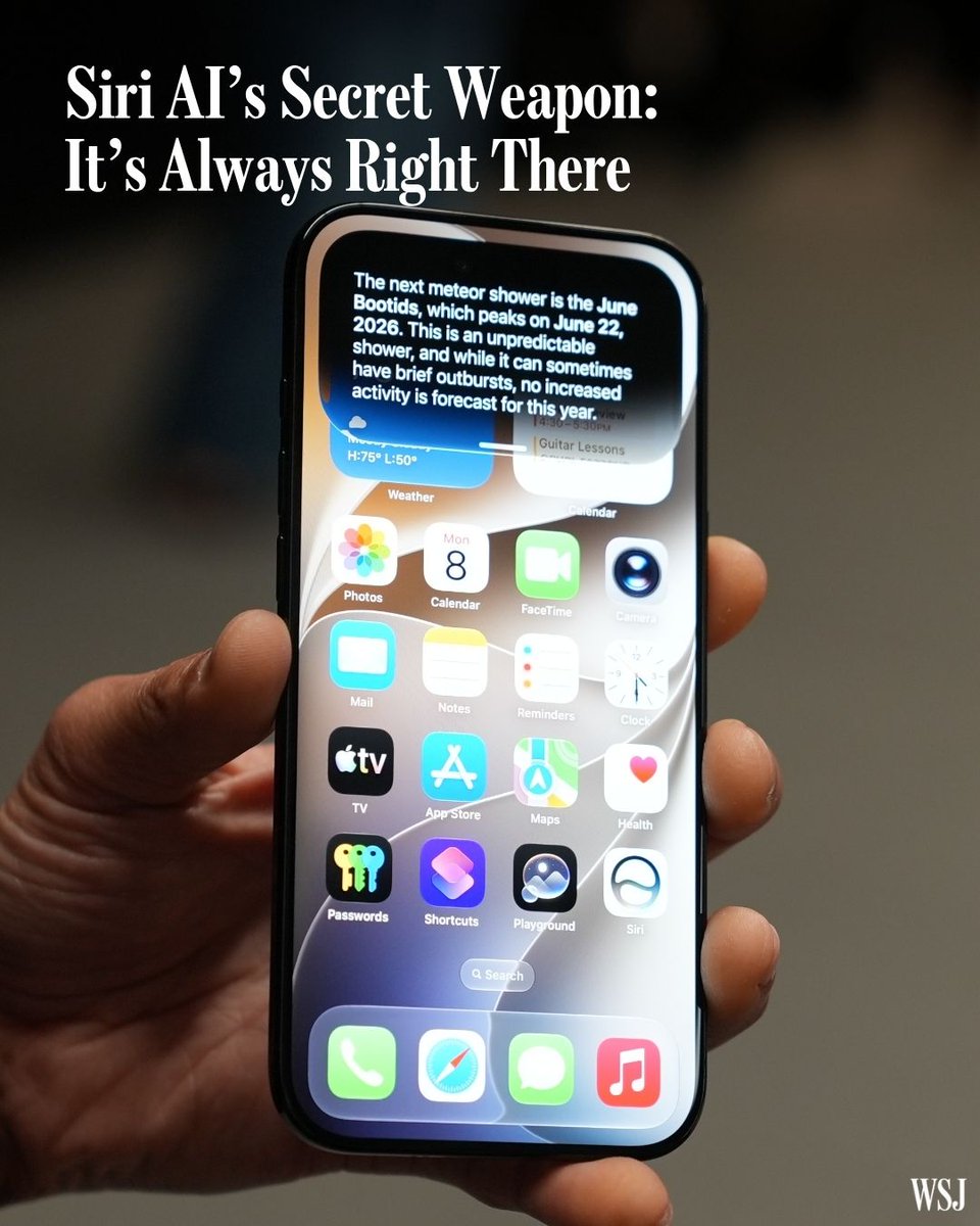WSJ's tweet photo. Apple’s new Siri AI isn’t whiz-bang tech, and it doesn’t have to be, writes @nicnguyen. Its secret weapon is its familiarity. 🔗 https://t.co/aYIroa67hx https://t.co/eDceLXCqUI
