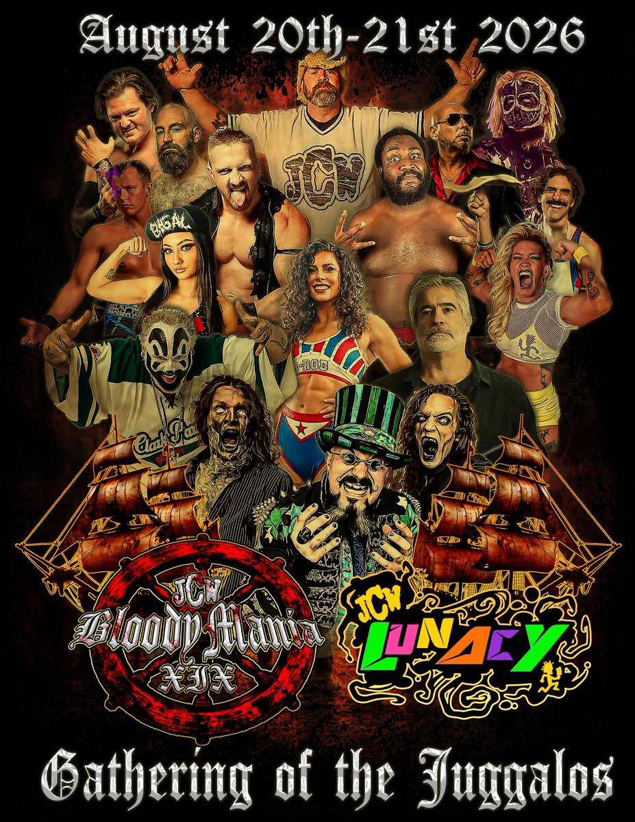 icp's tweet photo. 𝗧𝗪𝗢 𝗡𝗜𝗚𝗛𝗧𝗦 𝗢𝗙 𝗕𝗟𝗢𝗢𝗗𝗬𝗠𝗔𝗡𝗜𝗔 𝗔𝗧 𝗧𝗛𝗜𝗦 𝗬𝗘𝗔𝗥𝗦 𝗚𝗢𝗧𝗝!!!

Juggalo Championship Wrestling fans, allow me to explain exactly why witnessing both nights of Bloodymania 19 are an absolute must at this year's GOTJ. An entire years’ worth of storyline driven buildups come to a head at these events. All rivalries and feuds reach their absolute crescendo. The very best JCW has to offer will compete in the final resolution to battles that have played out and gained momentum over the past 12 months on JCW's flagship YouTube show Lunacy (Thursday nights 7pm EST). In JCW all roads truly lead to Bloodymania. All wars boil down to these epic final battles to finally determine who has the last laugh and who will finally be victorious in the end, for Bloodymania is unquestionably the grandest stage of them all.

And that's not it, the entire wrestling industry knows without a shadow of a doubt that all eyes in the industry are on Bloodymania, past, present and future... therefore there's just no telling who might surprise us all and show up looking to make an impact once again or make a name for themselves in the grandest ways possible. Which stars from wrestling past might return for one last attention grabbing moment under this enormous spotlight. Who from today's wrestling scene might show up attempting to steal the show and make it all about them. This is JCW's Super Bowl, Stanley Cup and World Series all in one lawless competition. Juggalos fair warning…prepare to see enormous amounts of violence, brutality and bloodshed. Because at Bloodymania in particular, that's just the name of the game. -Violent J

Get your tickets now at: https://t.co/xPjXxlykWo