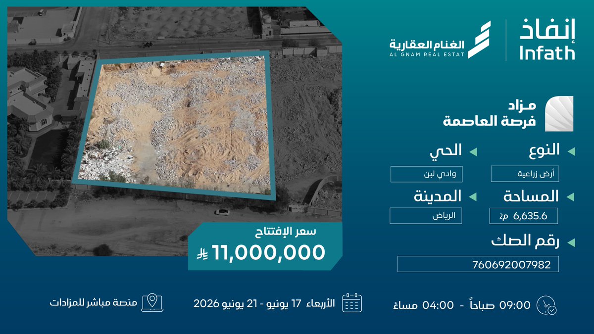 AlgnamSa's tweet photo. تم طرح اسعار الإفتتاح لمزاد #فرصة_العاصمة 

⬇️

والمقام عبر منصة مباشر للمزادات

فرصة استثمارية واعدة في موقع مميز #بمدينة_الرياض

رابط المنصة : https://t.co/2IZMb9mTur

للأطلاع على التفاصيل : https://t.co/IIWV2RAQ17 https://t.co/5K5fJrI862