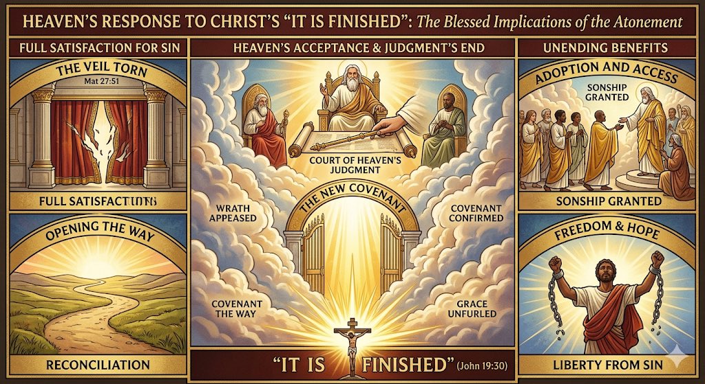LifeWord61's tweet photo. VICTORY AT THE CROSS:  Broken Chains, Open Gates.

Below is a colorful chart that explains what  happened when Jesus died on the cross. It shows the results of His sacrifice in three main parts:

 God's Forgiveness (Left Side): This part shows a heavy curtain ripping in half inside a temple, which means people are no longer separated from God. Below that, a path leading to a bright sunrise shows that the way to God is now open.

 The Court of Heaven (Center): This part shows God sitting on a throne surrounded by clouds. A large wooden hammer (a gavel) strikes a scroll to show that humanity's spiritual debt is paid and God's anger is gone. Below the throne, a giant golden gate opens up to let down a bright light of love and grace.

 The Gifts for People (Right Side): The top drawing shows a group of different people being welcomed into God's family. The bottom drawing shows a man happily raising his arms as heavy iron chains break off his wrists, showing that people are now liberated from the power of sin.

Accept Jesus as your Lord and Savior, and invite Him into your heart and life.