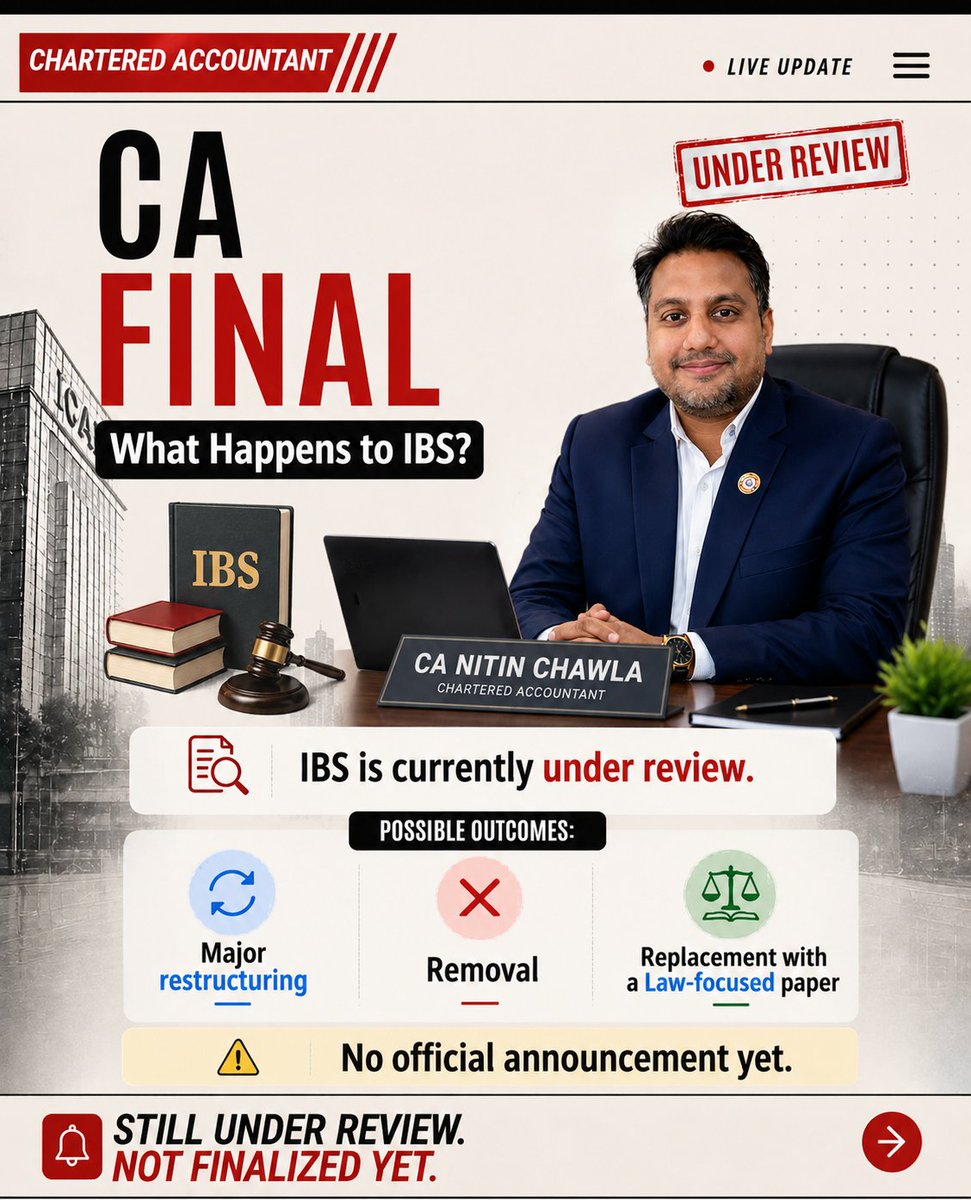 CANITINCHAWLA's tweet photo. CA Final IBS Paper Currently Under Review .
Possible Outcomes
๐ Major Restructuring
๐ Removal
๐ Replacement with Law Focused Paper
No official Announcement from ICAI Yet.
Still Under Review Not Finalized Yet .
#IBS
#castudents
#Cafinal
#FinalIBS
#Canewscheme https://t.co/EJqtpz2fzm