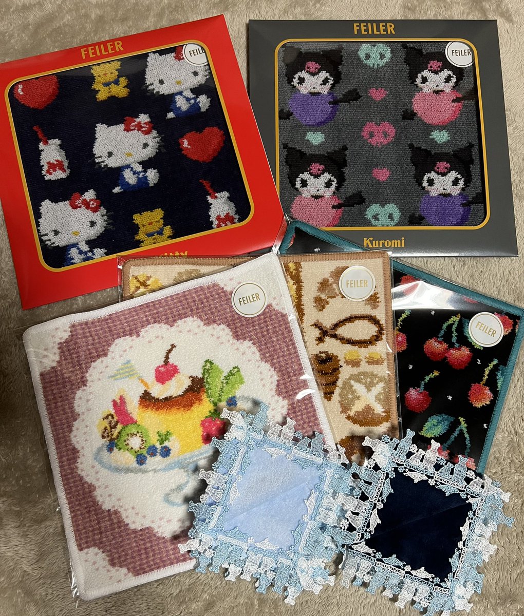 3Lasmila's tweet photo. 今日届いたハンカチたち🥰
フェイラー×サンリオのキティちゃんは、店舗行けないので、やーっとゲットできて本当に嬉しい😭✨
そして、家族が買ってきてくれて、初もっちゅりん。プルプル
今日のハンカチがたまたまドーナツ🍩 https://t.co/17jHxph3ca