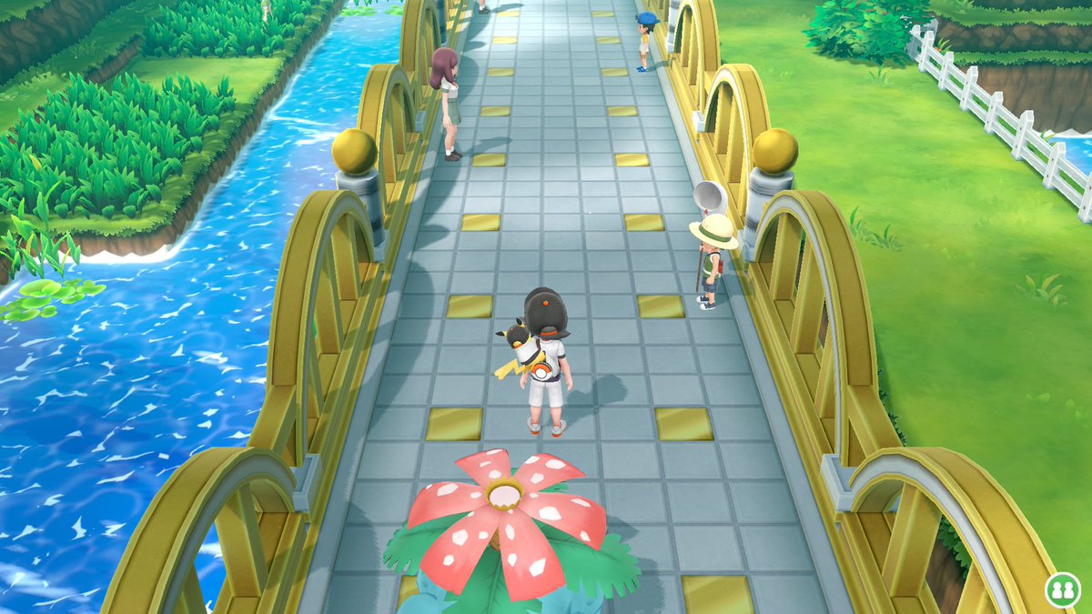 MandJTV_Michael's tweet photo. Bubbly Basin in the Pokopia Expansion Pass appears to be Cerulean City. The path and blue roofs are very similar. Additionally, the bridge appears to be Nugget Bridge. It isn't golden, but the shape is identical (and the colors could have faded underwater). https://t.co/G3tNWxs7Cm