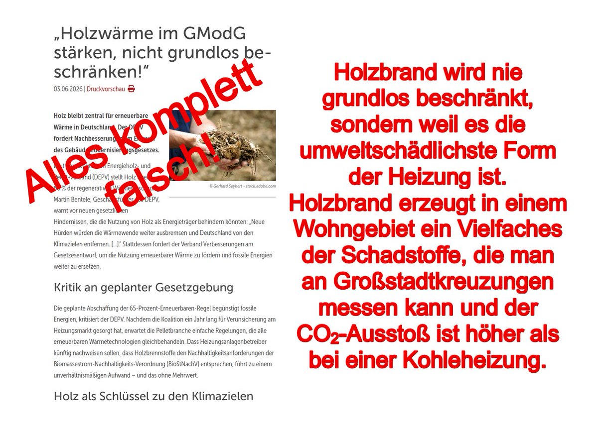 Leseerlaubnis's tweet photo. Ärgerlich, wenn sich Fachzeitschriften für den Abdruck von falschen Lobbybehauptungen hergeben. 

Holzheizungen gehören komplett verboten (ggf. Altholz zur Entsorgung in Kraftwerken verbrennen). 

Aus Wohngebieten muss der krebserregende Holzbrand raus!

Newsletter von Geb-Info. https://t.co/di7tPwnVVS