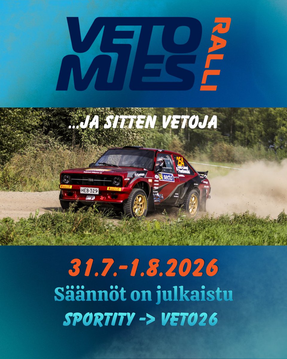 Vetomies's tweet photo. Sehän on jälleen vuoden pääkilpailun aika 💪

Saa vetää, saa työntää ja saa ajaa luistossa. 
Soran ropinaa ja moottoreiden sinfoniaa tarjolla upeat 2 päivää, 9 ek:ta ja 128 erikoiskoekilometriä💥

Säännöt KITI-kisapalvelusta, sekä Sportityssa VETO26

@RallyFinland https://t.co/5rzr1Y4sWW