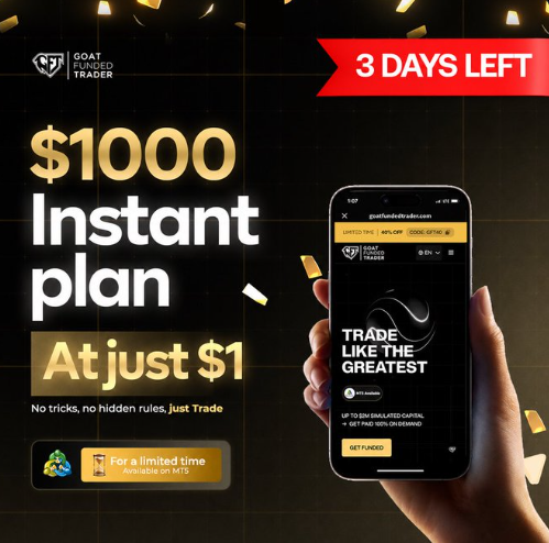 Lang_cuy's tweet photo. Yo, check this out! GFT is dropping instant funding with zero friction. The best part? You can grab a challenge for literally $1. Don't sleep on this chance to show what you're made of. Go get it!

@GoatFunded  @EdwardXLreal https://t.co/bJdDUXD1EY