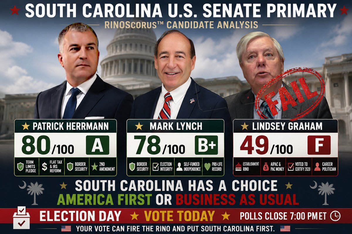 RINO_Removal's tweet photo. 🚨 ELECTION DAY IN SOUTH CAROLINA 🚨

Today, South Carolina has a chance to do something grassroots conservatives have talked about for years:

Retire one of Washington’s most entrenched establishment Republicans.

For nearly three decades, Lindsey Graham has been a fixture of the D.C. political class. While he has been reliable on some conservative issues, his overall record has consistently fallen short of the America First standard voters are demanding.

Lindsey Graham – RINOScorus™: 49 (F)

❌ Publicly affirmed Biden as “lawfully elected” and voted to certify the 2020 election

❌ Heavy dependence on AIPAC and establishment PAC money

❌ Moderate lifetime conservative ratings (Heritage ~59%, Club for Growth ~65%)

❌ Long record of interventionist foreign policy

❌ Nearly 30 years in Congress with no meaningful term limits action

🇺🇸 The America First Alternatives

Patrick Herrmann – RINOScorus™: 80 (A)

Mark Lynch – RINOScorus™: 78 (B+)

Both challengers have signed the U.S. Term Limits pledge, support strong border security, oppose business-as-usual politics in Washington, and offer South Carolina Republicans a genuine alternative to the status quo.

Today isn’t just about one Senate seat.

It’s about whether Republican voters will continue rewarding career politicians—or demand new leadership that puts America First.

🗳️ Polls close at 7:00 PM Eastern.

If you’re in South Carolina, make your voice heard.

No more excuses. No more establishment politics. No more RINOs.

🇺🇸 This is what RINO removal looks like. 🇺🇸

Full Breakdowns will be quote posted instead of a thread format, as a test.