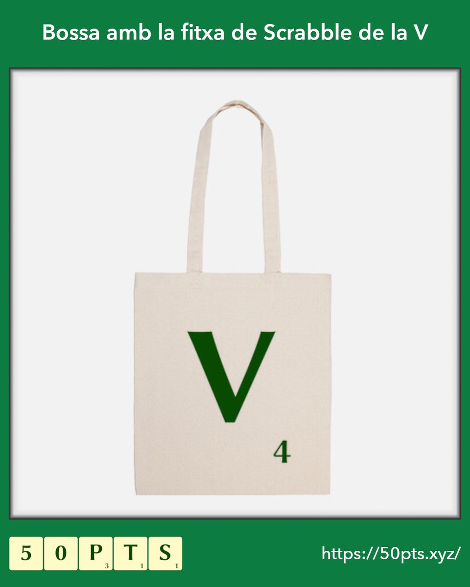 50pts_cat's tweet photo. Bossa de tela amb la fitxa de Scrabble de la V

T'agradaria tenir-la? Visita el nostre web i trobaràs totes les nostres bosses de cotó amb forma de fitxa de #ScrabbleEnCatalà. Amb totes les lletres del #ScrabbleCAT. https://t.co/jCA12Z5UV0