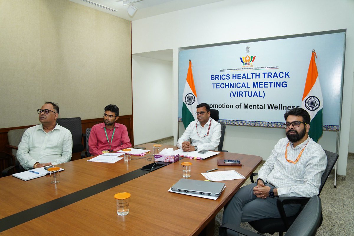 MoHFW_INDIA's tweet photo. Under India’s BRICS Chairship, the third BRICS Technical Meeting on Promotion of Mental Wellness was convened today. The Meeting brought together member countries to advance collaboration on mental wellness, workforce strengthening, and capacity building. Key discussions focused on establishing a BRICS Training Hub Network, a BRICS Centre of Excellence/Network of CoEs and developing a shared roadmap for future cooperation in mental health.
 #BRICS #MentalHealth #MentalWellness #GlobalHealth