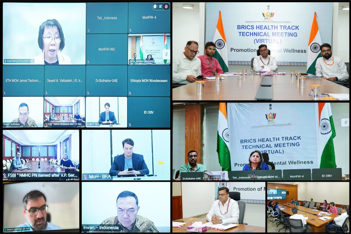 MoHFW_INDIA's tweet photo. Under India’s BRICS Chairship, the third BRICS Technical Meeting on Promotion of Mental Wellness was convened today. The Meeting brought together member countries to advance collaboration on mental wellness, workforce strengthening, and capacity building. Key discussions focused on establishing a BRICS Training Hub Network, a BRICS Centre of Excellence/Network of CoEs and developing a shared roadmap for future cooperation in mental health.
 #BRICS #MentalHealth #MentalWellness #GlobalHealth