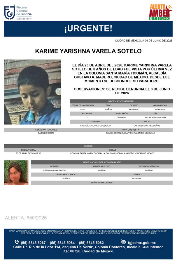 AAmberCDMX's tweet photo. Se activa #AlertaAmber para localizar a Karime Yarisha Varela Sotelo, de 8 años, vista por última vez el pasado 23 de abril, en la colonia Santa María Ticomán, alcaldía Gustavo A. Madero. https://t.co/gsaXujrVPP