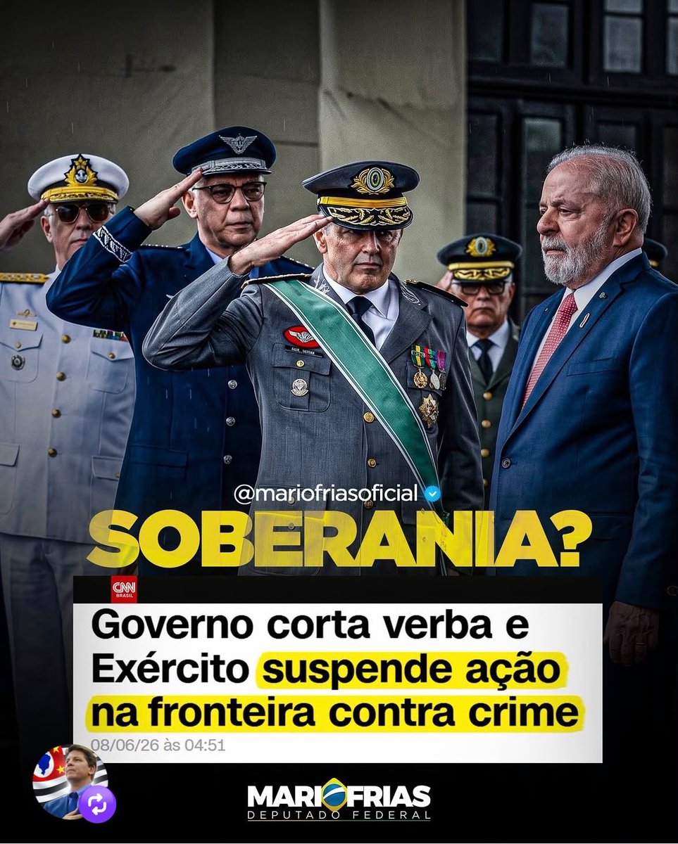 juliovschneider's tweet photo. O mundo já sabe que o Brasil é uma das principais rotas do narcotráfico internacional. O que se espera diante disso? Mais proteção das fronteiras e combate firme ao crime organizado.

Mas acontece o contrário: cortes de verbas e suspensão de operações do Exército em áreas estratégicas. Enquanto as facções expandem seu poder e desafiam o Estado, o governo parece mais preocupado em perseguir críticos e opositores.

O crime avança. A soberania enfraquece. E quem paga a conta é o povo brasileiro.