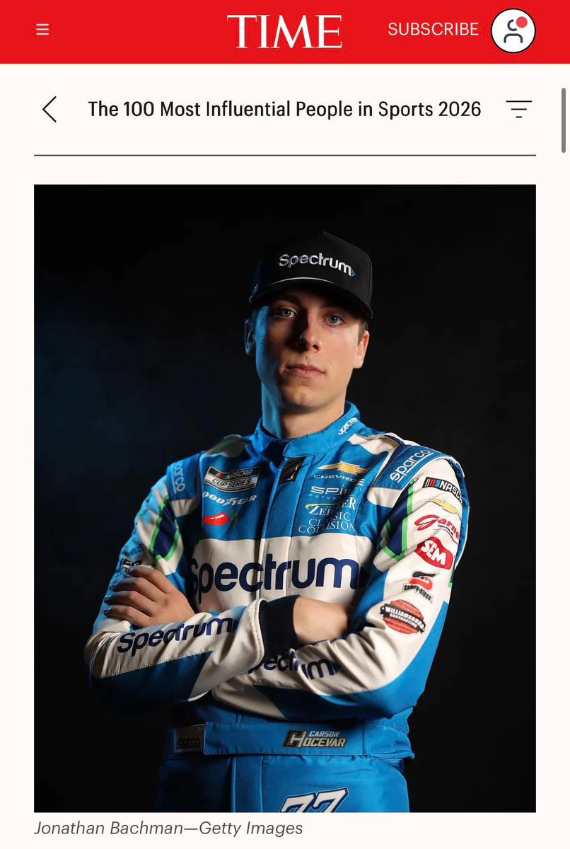Catcantread's tweet photo. Carson Hocevar listed in TIME’s top 100 most influential people in sports??? IKTR😌🌶️ https://t.co/BKEYBeSwmx