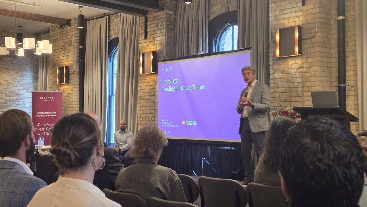 brandonferdig's tweet photo. I enjoyed attending yesterday's "Future-Proof Philanthropy" conference put on by Mercer Advisors.

Most nonprofits are pinched with costs are up and donations generally down. But some are doing well addressing causes that are fresh in the news and near to people's hearts. 

The keynote talk was from former Minneapolis mayor RT Rybak (pictured), now the President & CEO of The Minneapolis Foundation. He encouraged wealthy donors to "get off their assets."

I had a short side conversation with him regarding his statements that governments need to do more for humanitarian needs--with nonprofits there for occasional service. I see governments more strained than ever (as well as not very trusted), while wealthy (and non-wealthy) people can do much through nonprofits to address humanitian needs. But he contended that such money should come from taxes and not by relying on wealthy people deciding to donate. 

Other speakers from The Minneapolis Foundation, the Graves Family Foundation, the Ronald McDonald House, Friends of the Boundary Waters, and more offered their experience and wisdom for helping nonprofits succeed.

Having access to such leaders in philanthropy, hearing all their thoughts through their talks & panel discussions, and networking with many peers made for an enriching day. 

Thanks for all the speakers, attendees, and Mercer, for the invite and for hosting.