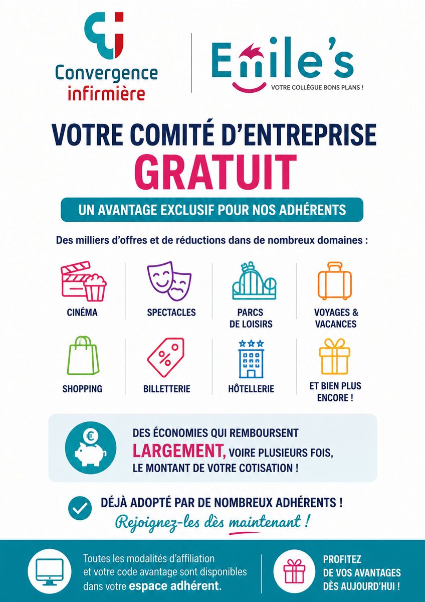 ConvergenceInf's tweet photo. 🎉 Le comité d'entreprise Convergence Infirmière est gratuit pour les adhérents !
🎬 Cinéma 🎭 Spectacles 🎢 Parcs 🛍️ Shopping ✈️Vacances
Emile’s https://t.co/TsBrK35M0h permet d'économiser bien plus que le montant de la cotisation.
Adhérez 👇
https://t.co/I5fDf0oWor

#IDEL https://t.co/S8DxA3c8pU