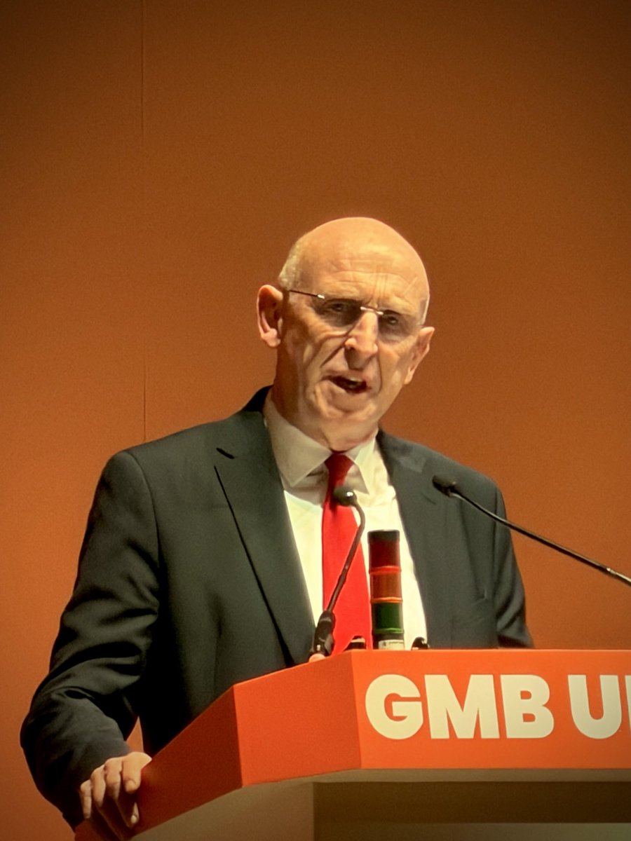GMBDurham's tweet photo. The Rt. Hon. John Healey MP (Secretary of State for Defence) speaking at GMB Congress 2026

John has been a member of GMB for 40 years and spoke to our delegates here in Blackpool. 🧡🖤 https://t.co/g49DipchJP