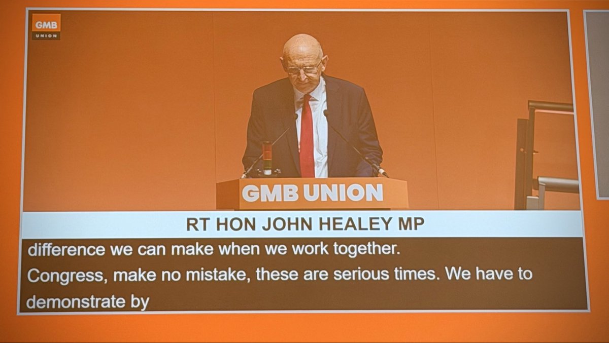 GMBDurham's tweet photo. The Rt. Hon. John Healey MP (Secretary of State for Defence) speaking at GMB Congress 2026

John has been a member of GMB for 40 years and spoke to our delegates here in Blackpool. 🧡🖤 https://t.co/g49DipchJP