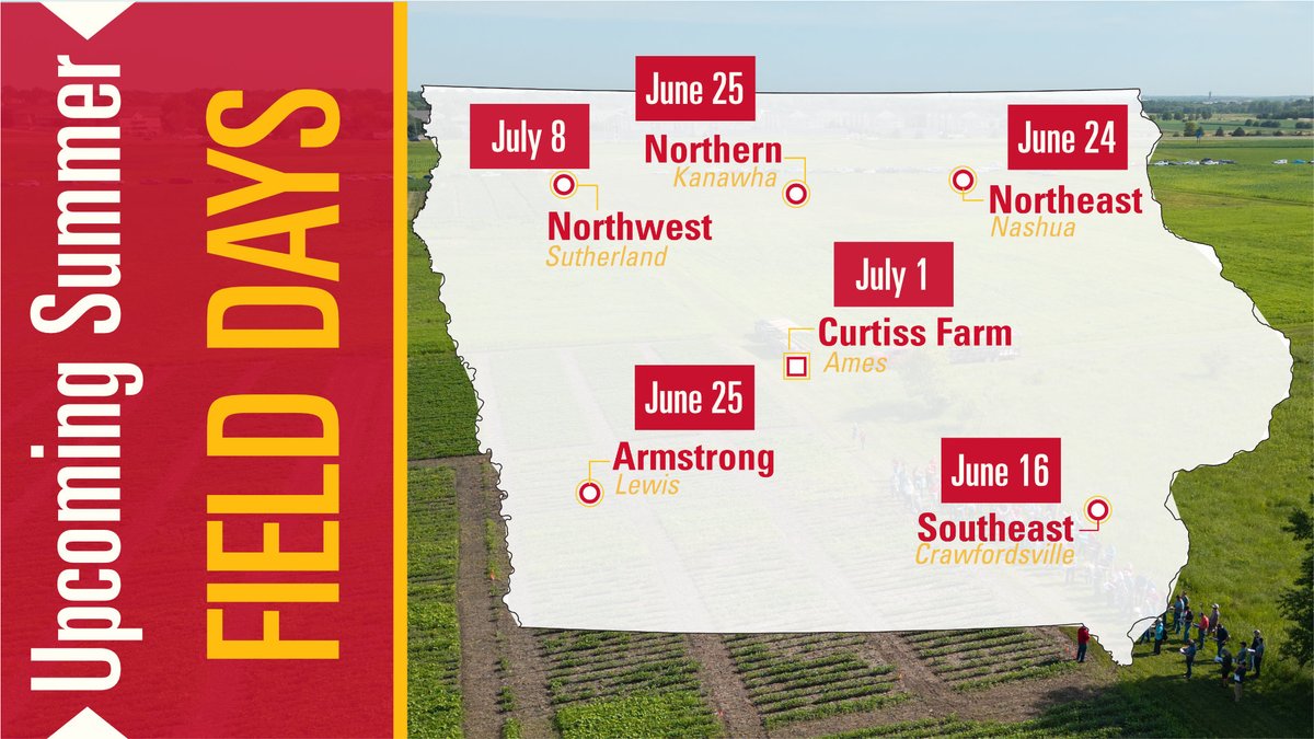 ISUCropNews's tweet photo. Crops are popping up and so are field days! Our team has been working hard to plan learning opportunities all across Iowa.
Check them out here: https://t.co/67T2noyhzK
#ISUCrops #FieldDays #IowaAg https://t.co/3ufsBllY9t