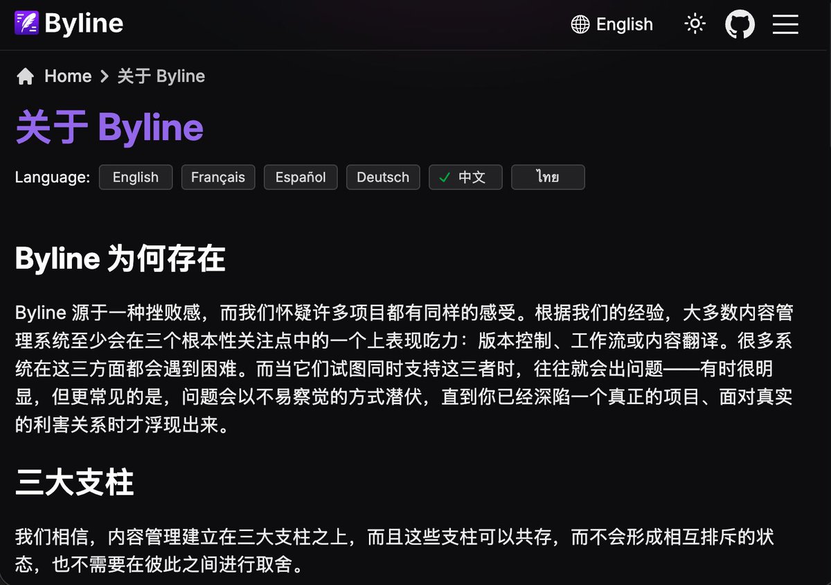 infonomic_dev's tweet photo. Byline CMS now publishes its about page in six languages.

Two of them (English, French) are full interface locales. Interface locales are 'sticky' - the surrounding application and admin chrome follow you as you navigate. The other four (Spanish, German, Chinese, Thai) are content-only (and not sticky). The page translates but the surrounding interface stays put.

More importantly, all six locales (including the four content-only ones) have correct, standards-based <html lang> attribute, hreflang alternates, canonical URLs, and sitemap entries - reflecting the published locale rather than defaulting to the source language (with native markdown endpoints coming soon).

Built with original-content publishers in mind: teams authoring source-language material in collections that produce original, attributable and auditable content - which we feel matters even more in the age of AI.

Built on TanStack Start, Lexical, and with a little help from Base UI - thanks @tannerlinsley  @colmtuite @lexicaljs @tan_stack @matteocollina 

Feel free to get in touch for a closer look.

#i18n #headlessCMS