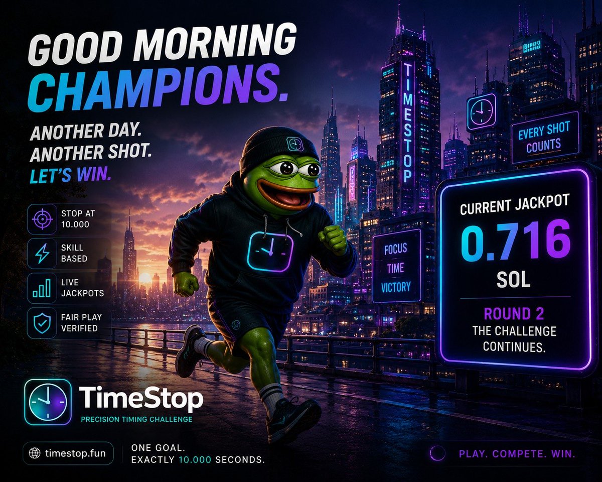 TimeStopfun's tweet photo. GM ☀️

Round 2 is still standing.

The jackpot is up to 0.716 SOL, but the target hasn’t changed:

🎯 10.000

Every attempt adds to the prize.
Every shot could be the one.

Stay focused.
Trust your timing.
Take your shot.

👉 https://t.co/zKrge79bPa https://t.co/Sxb4XpFi6y