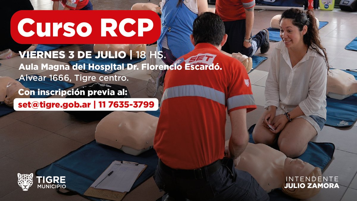 Salud_Tigre's tweet photo. Los invitamos a sumarse al curso de RCP, el día viernes 3 de julio a las 18 hs, en el Aula Magna del Hospital Materno Infantil "Florencio Escardó" de Tigre.👐❤️

Informes e inscripción:
📧Por mail a: set@tigre.gob.ar
📲Por Whatsapp: 11 7635-3799 https://t.co/wCTn2AImnx