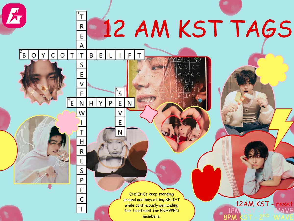 PRDXINVDERRR's tweet photo. 🏷️TAGS RESET

🍒🌸

Reminder to check the official account in charge of all tags coordination @1009_ENtags and to drop them on TWITTER/X ONLY!!!

ENGENEs keep standing ground and boycotting BELIFT while continuously demanding fair treatment for ENHYPEN members.

#Treat_SevEN_With_Respect
#Boycott_BELIFT