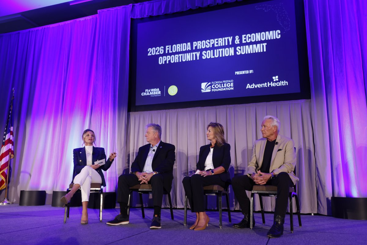 FLChamberFDN's tweet photo. At today's 2026 Florida Prosperity & Economic Opportunity Solution Summit, Mike Bays, President/Owner, State Farm – Michael D Bays Insurance Agency, Heather Cogar, Statewide Director of Community Engagement, Florida Prosperity Initiative, Dr. Jim Murdaugh, President, Tallahassee State College, and Sandy Spear, Senior Vice President & Regional Sales Manager, First Federal Bank, took the stage to share what Zip Code leadership in action looks like.

#ProsperitySummitFL