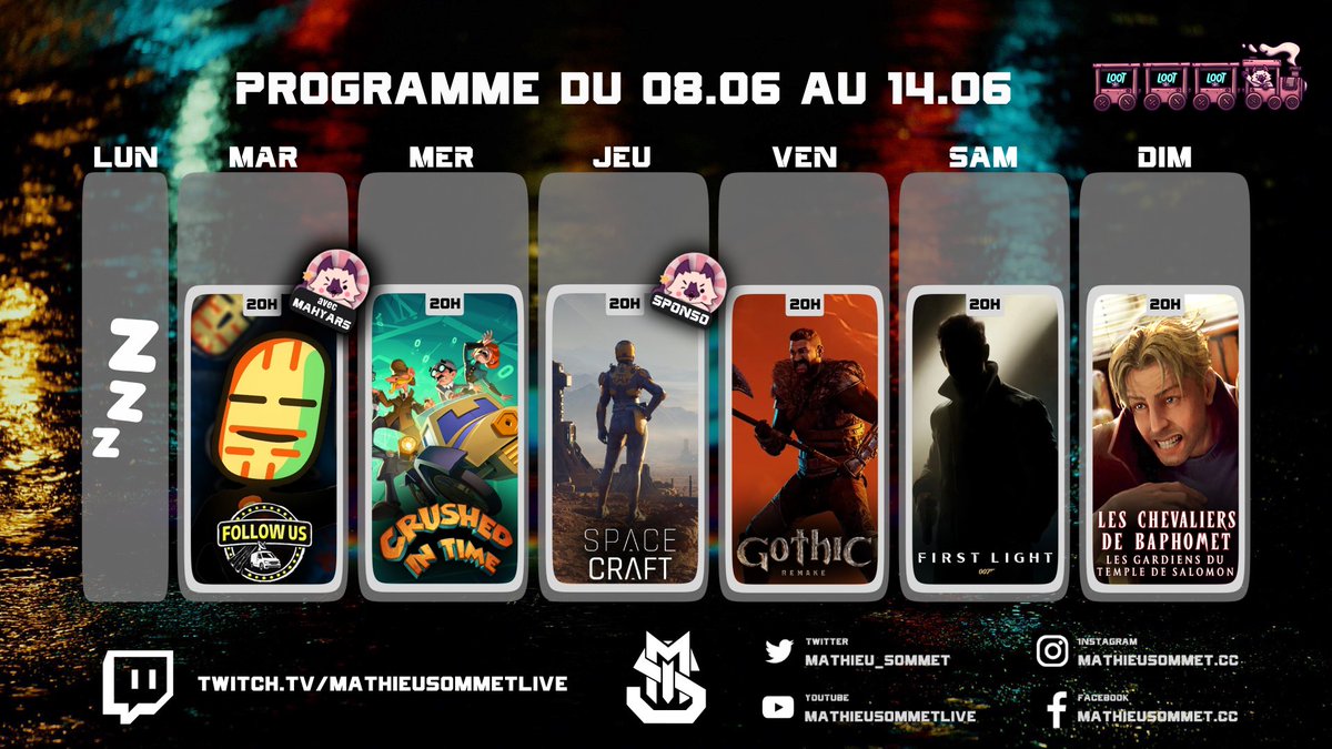 Mathieu_Sommet's tweet photo. 📢 Nouvelle semaine de filouterie 📢
➡️ https://t.co/ACTzRCxDZZ

🔸MAR 20h : [EP01] FOLLOW US
🔸MER 20h : [EP01] CRUSHED IN TIME
🔸JEU 20h : [EP01] SPACE CRAFT
🔸VEN 20h : [EP02] GOTHIC REMAKE
🔸SAM 20h : [EP06] 007 FIRST LIGHT
🔸DIM 20h : [EP03] CHEVALIER DE BAPHOMET 4 https://t.co/S2CjAreDpv