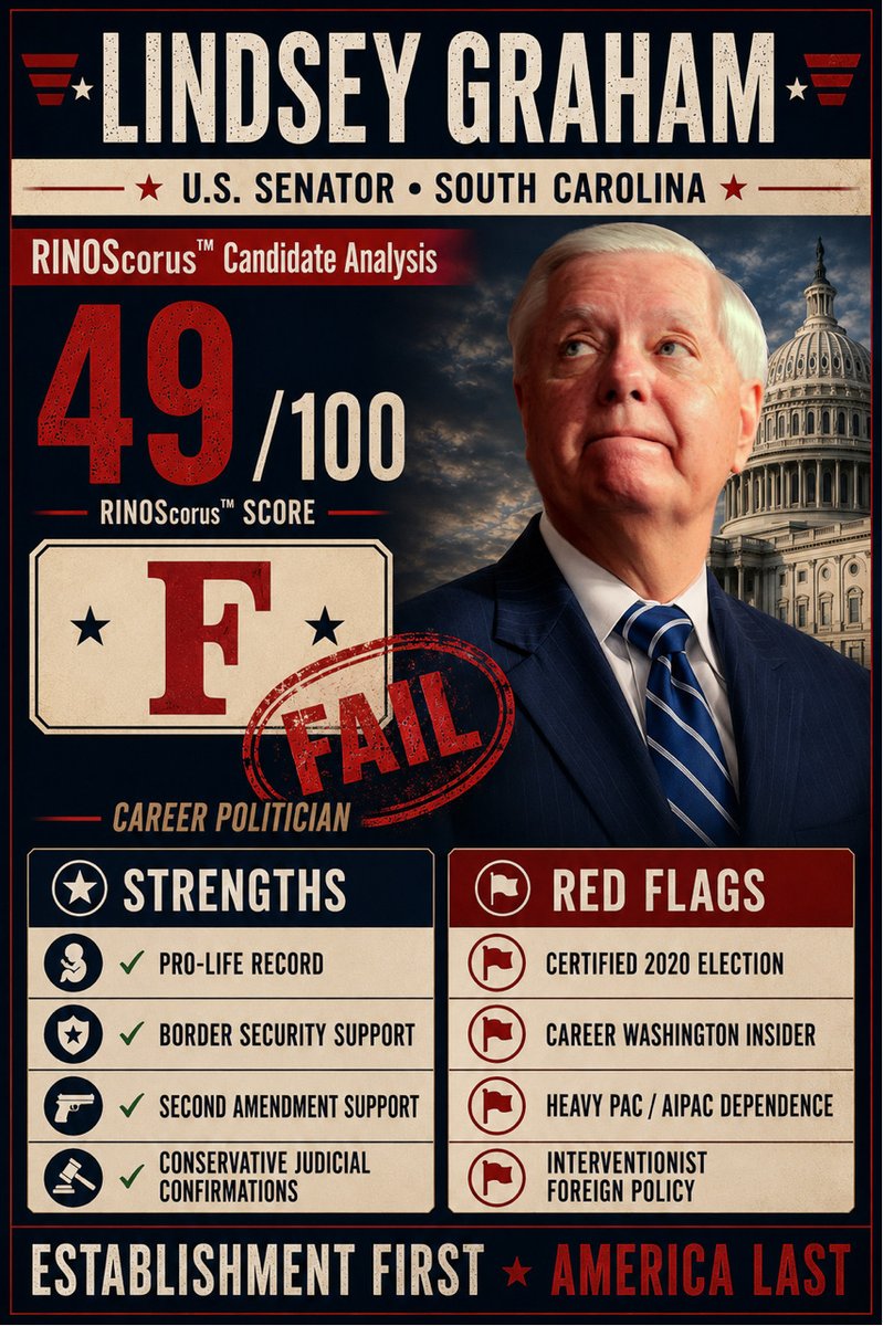RINO_Removal's tweet photo. Lindsey Graham (R-SC, U.S. Senator)
RINOScorus™: 49 (F)
Full Breakdown
✔️ Summary
Lindsey Graham is a long-serving U.S. Senator whose record combines strong pro-life advocacy, reliable Second Amendment support, and recent alignment with President Trump on border security and immigration enforcement. However, under the RINOScorus™ framework, these strengths are outweighed by decades of establishment positioning, moderate lifetime conservative scorecard ratings, heavy reliance on PAC funding, interventionist foreign policy views, and his public affirmation and certification of the 2020 election results. While Graham has moved closer to the America First movement in recent years, his overall record remains significantly more aligned with traditional Republican establishment politics than with the MAGA reform movement.

✅ Strengths
• Consistent pro-life record with SBA Pro-Life America A+ / 100% ratings.
• Strong support for Second Amendment rights.
• Recent support for border security funding, ICE expansion, and immigration enforcement measures.
• Reliable support for conservative judicial confirmations.
• Generally strong positions on national security and American military readiness.

🚩 Red Flags
• Publicly affirmed Joe Biden’s 2020 victory and voted to certify the election while rejecting further challenges.
• Nearly three decades in Congress with little meaningful support for congressional term limits.
• Heavy dependence on PAC funding, including substantial support from pro-Israel political action committees.
• Long history of interventionist foreign policy positions that diverge from modern America First priorities.
• One of Washington’s most recognizable establishment Republicans.

MAGA Alignment: 58/100
• Border Security / Anti-Foreign Influence: 14/20 — Recent support for border funding, ICE and Border Patrol enhancements, and immigration enforcement. However, earlier support for comprehensive immigration reform and bipartisan immigration compromises prevents a higher score.
• Election Integrity: 11/20 — Supports several traditional election security measures and voter verification concepts. However, his certification of the 2020 election and rejection of continued fraud challenges significantly reduce his score.
• Fiscal Responsibility / Spending Cuts: 5/10 — Moderate lifetime fiscal-conservative ratings, including Heritage Action and Club for Growth scores. Frequently supports large spending packages and defense appropriations.
• Term Limits Support: 2/10 — Initially associated with term-limit rhetoric during the 1990s but has served continuously in Congress since 1995 without significant leadership on the issue.
• Anti-Corruption / Drain the Swamp: 3/10 — Deeply embedded in the Washington establishment and long-standing Senate power structure. Limited “drain the swamp” credentials despite no major personal corruption scandals.
• Pro-Life Alignment: 5/5 — Consistently strong pro-life voting record.
• Outsider / Anti-Establishment: 2/10 — Career politician and Senate insider with decades of influence in Washington.
• Anti-Lobbyist / Anti-PAC: 2/5 — Heavy reliance on PAC contributions and established donor networks.
• Anti-Sharia / National Sovereignty: 4/5— Strong support for American sovereignty and border enforcement but loses points for interventionist foreign policy positions.
• 2A Alignment: 5/5 — Consistent support for Second Amendment protections.

MAHA Alignment: 14/30
• Medical Freedom / Anti-Big Pharma / Vaccine Choice: 3/10 — Limited record of leadership on medical freedom or anti-mandate issues.
• Food Freedom / Anti-Processed Foods: 3/5 — Some positive engagement with food safety concerns but little direct leadership.
• Chronic Disease Focus: 3/5 — General healthcare engagement but limited MAHA-specific policy focus.
• Wellness & Prevention: 3/5 — Minimal emphasis beyond traditional conservative healthcare approaches.
• Anti-Corporate Health Influence: 2/5 — Limited record challenging pharmaceutical or healthcare industry influence.

External Baseline: 62
External Baseline Justification
• Heritage Action Lifetime: approximately 59–60%
• Club for Growth Lifetime: approximately 65%
• ACU and NTU ratings generally place Graham in the moderate-conservative range rather than among top-tier America First legislators.
• Recent sessions have been somewhat stronger than his lifetime averages but do not materially alter his overall profile.
Blended Tier 1 Baseline: 62

RINO Penalties: -3
RINO Penalties Breakdown
• -3 for publicly affirming Biden’s 2020 victory and certifying the election while rejecting broader fraud challenges.