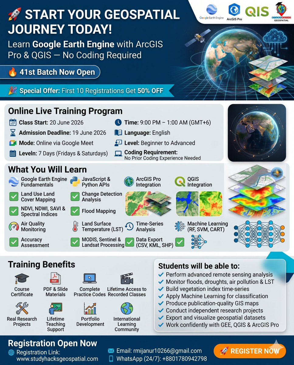 GISRSStudyHacks's tweet photo. 🚀 Start Your Geospatial Journey Today! Learn Google Earth Engine in ArcGIS Pro & QGIS — No Coding Required. Transform satellite data into powerful insights with hands-on training.
#googleearthengine #QGIS #ArcGISPro #remotesensing #GIS #training #Geosptial https://t.co/samOa70CnV