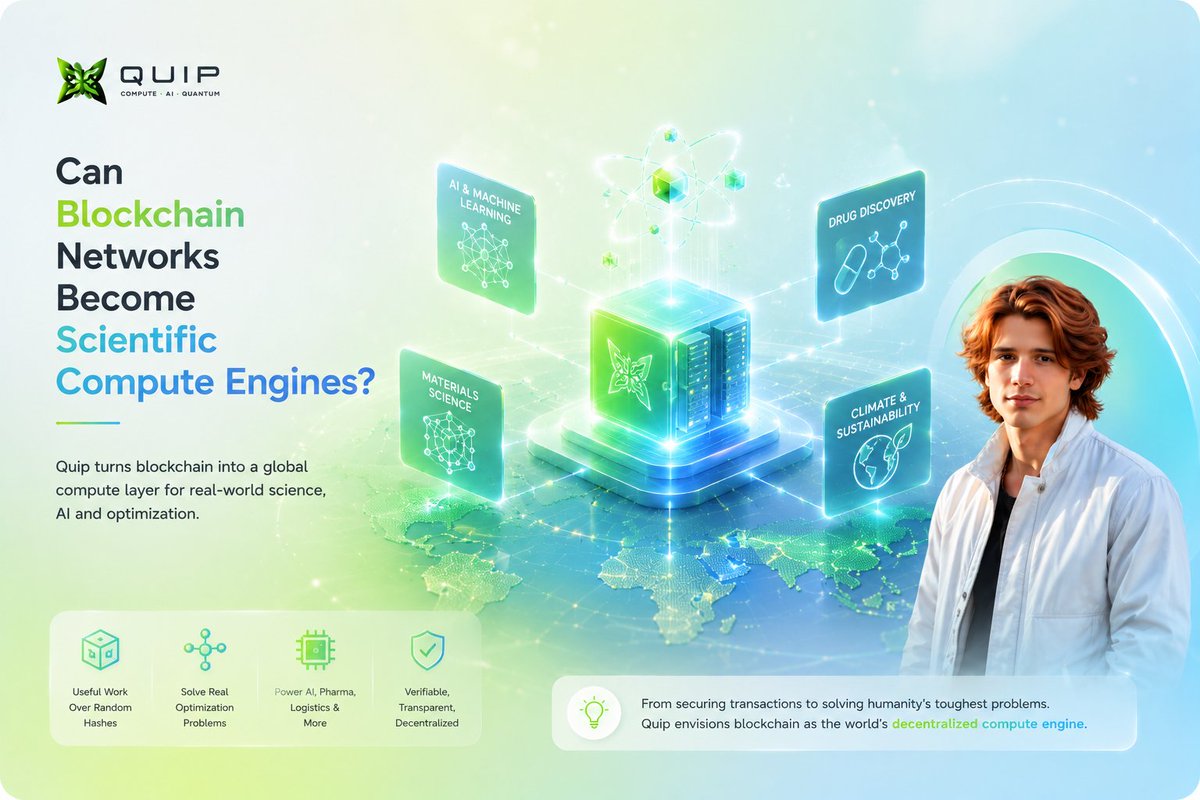 Malle6565's tweet photo. What if blockchain networks became giant research labs? Instead of wasting energy on random puzzles, @quipnetwork's vision is to use network computation to solve real optimization problems for AI, science, and industry.

bullish on Quip https://t.co/ho9ehQJ7ZF