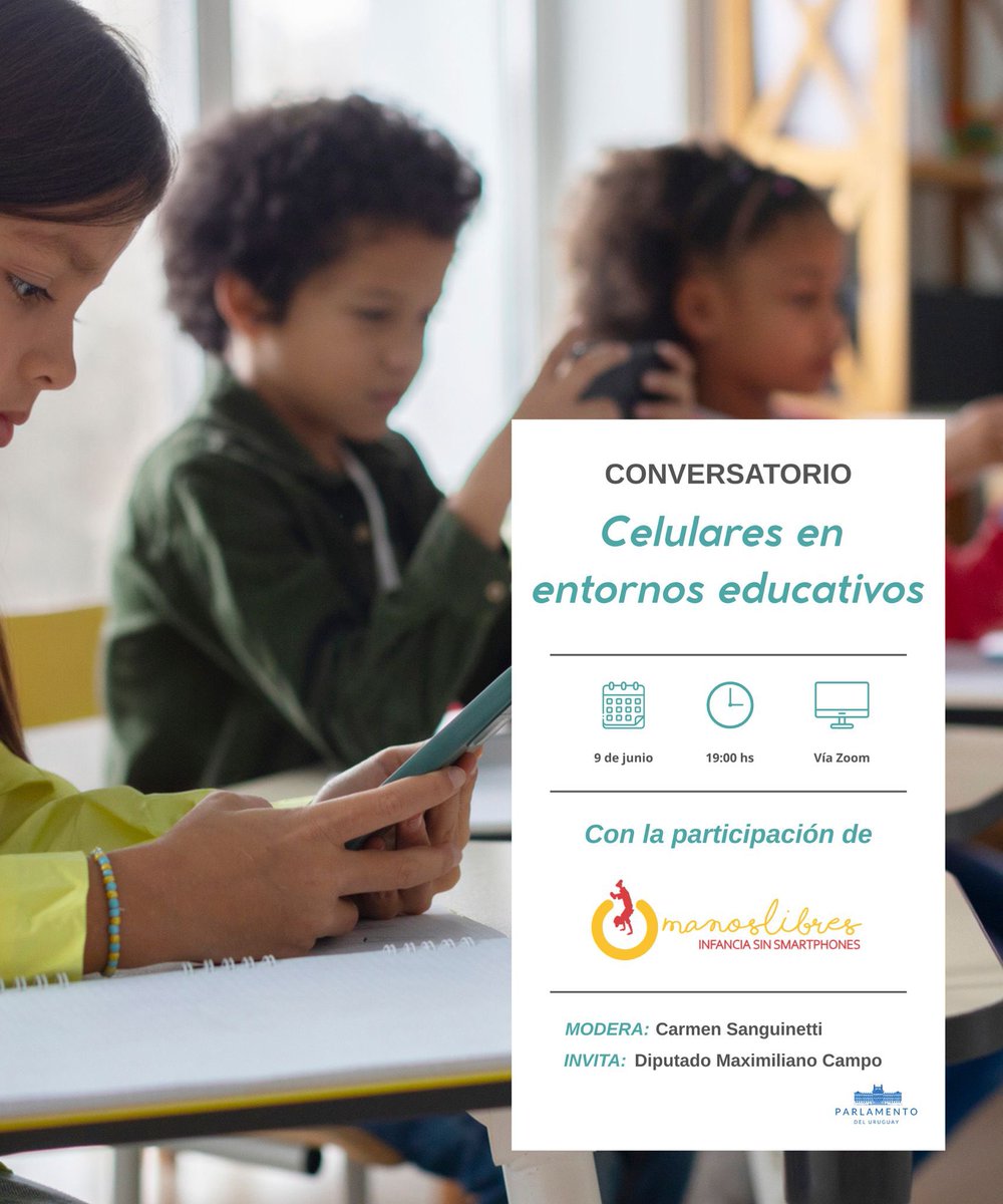 MaxiCampo10's tweet photo. En el marco del conversatorio *Celulares en entornos educativos*, te invitamos a participar de un espacio de intercambio y reflexión sobre el uso de dispositivos móviles en niñas, niños y adolescentes dentro de los ámbitos educativos 📱

La actividad contará con la participación de la organización argentina *Manos Libres – Infancia sin Smartphones*, iniciativa que impulsa la concientización sobre el impacto de las pantallas en la infancia y adolescencia.

Modera: @Carmensangui 

🗓️ 9 de junio
⏰ 19:00 h
💻 Vía Zoom

➡️ Link de acceso: https://t.co/ArMteTHZld

¡Te esperamos! Y agradecemos difusión entre quienes puedan estar interesados/as.