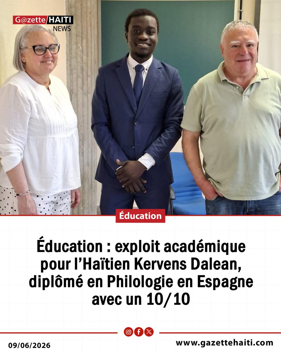 GazetteHaiti's tweet photo. Éducation : exploit académique pour l’Haïtien Kervens Dalean, diplômé en Philologie en Espagne avec un 10/10
Cliquez sur ce lien pour lire cet article ⬇️
https://t.co/LjowoCKeB4 https://t.co/vqKyrXfjBL