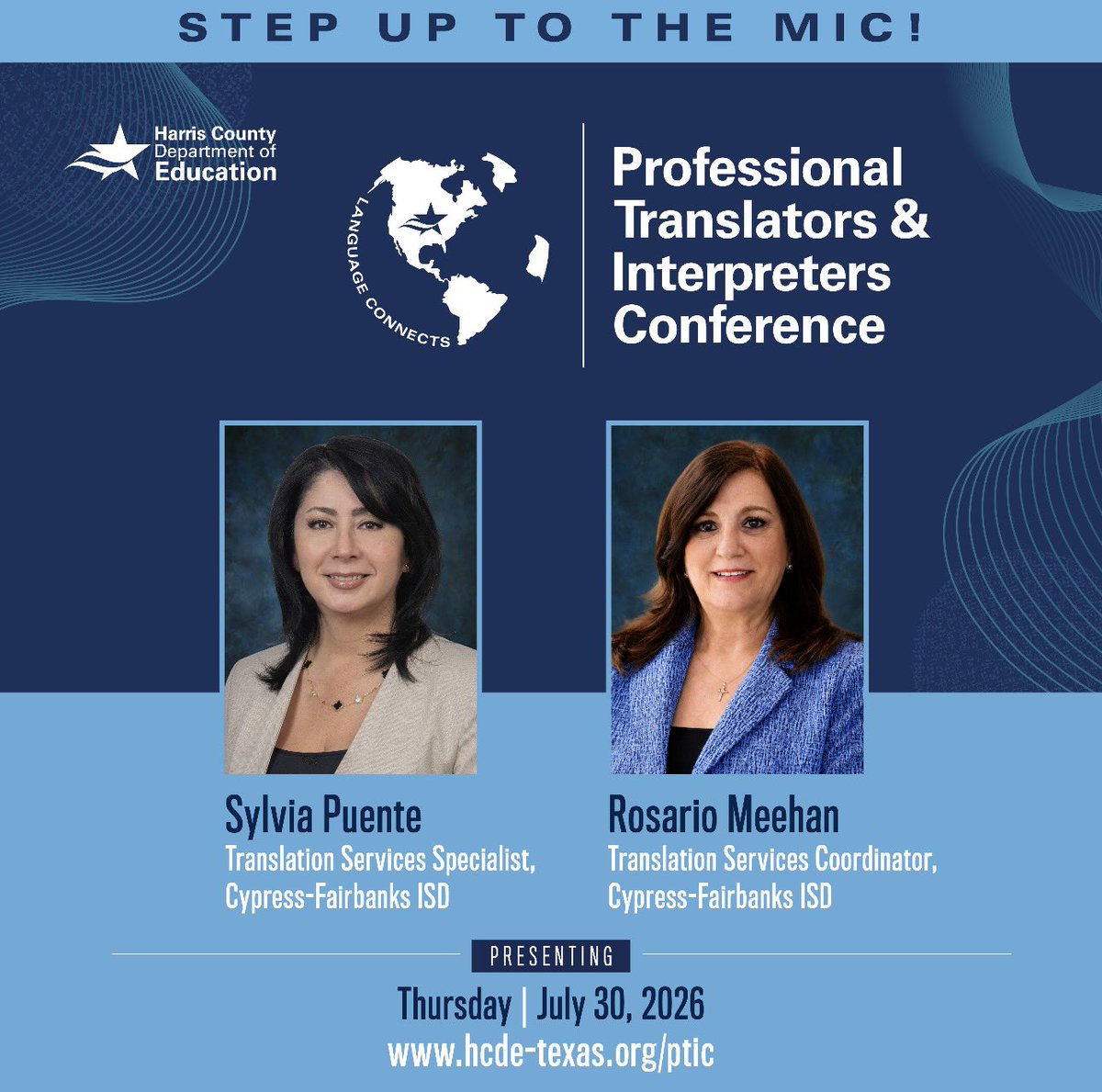 CFISDRosario's tweet photo. I'm beyond excited to be presenting once again alongside my colleague and friend, @sylviar_puente, at the Professional Translators &amp; Interpreters Conference (#PTIC2026) hosted by the @HCDEtx on July 30–31! Join us!
Visit https://t.co/vkOZVtNn6D for more information. @CyFairISD https://t.co/ROc0hzHEzj