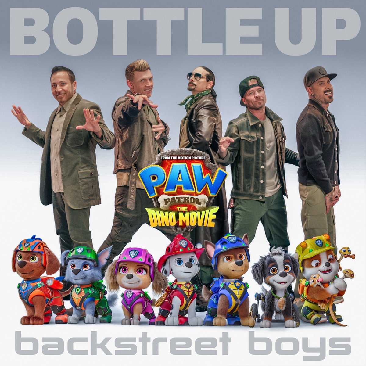 backstreetboys's tweet photo. We’re so excited to announce that our new single “Bottle Up” from ‘Paw Patrol: The Dino Movie’ will finally be yours this Fri June 12! Tune in to @CBSMornings Friday at 8am to catch the world premiere of the “Bottle Up” music video!

Don’t forget to TAKE THIS MOMENT and pre-save the song so you can be first to hear it when it drops at midnight! https://t.co/74KwklGyWJ 

@PAWPatrolMovie: The Dino Movie is in theatres August 14. 🐾🌋🦖 #PAWPatrolMovie