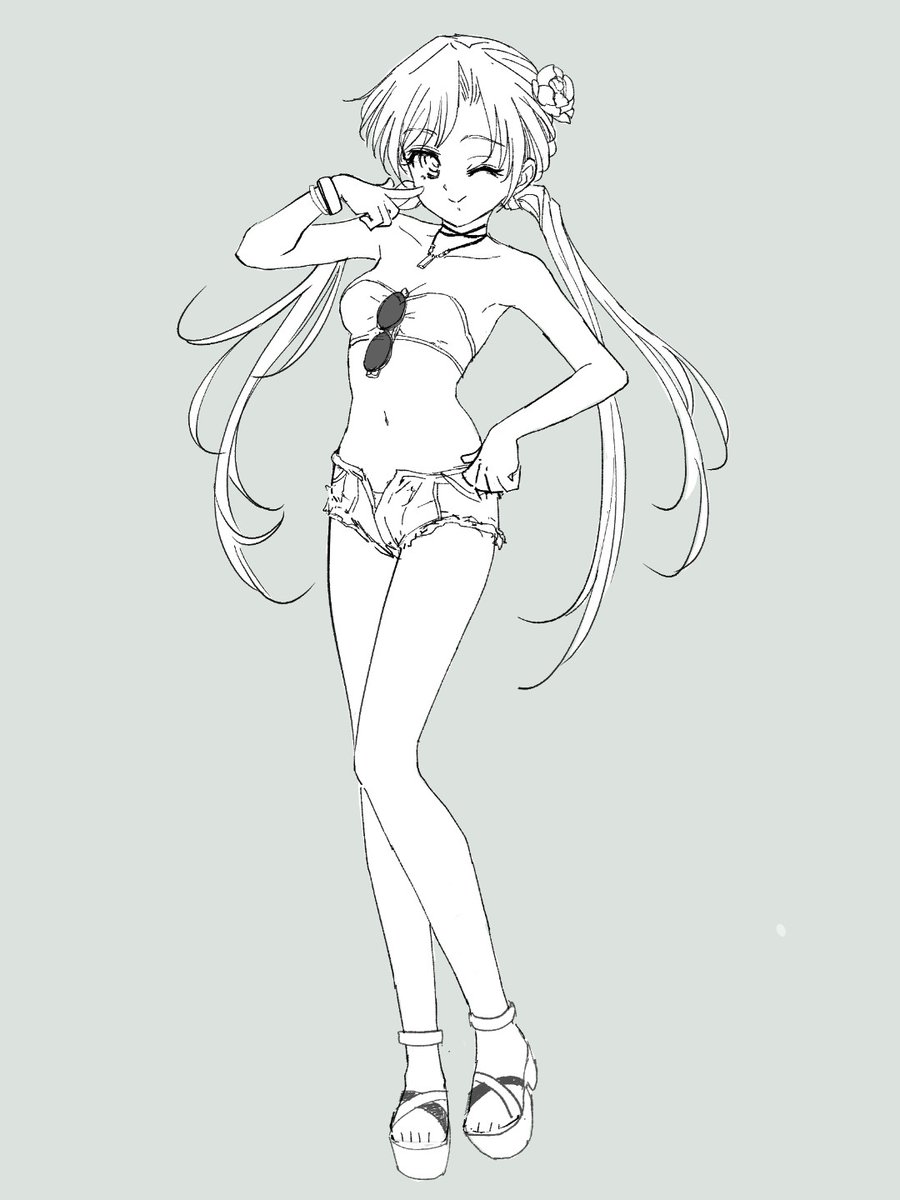naruko24's tweet photo. きせかえ咲耶ちゃん（水着？）

ショートデニムは四葉水着で健康的に採用されてたけど、咲耶に着せると結構ヘキかもしれない https://t.co/Nqjn6eYFGx