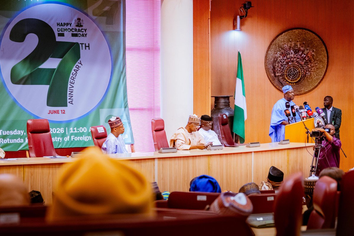 SGFAkume's tweet photo. Earlier today, I addressed a National Press Conference to commemorate Democracy Day 2026 and present an account of the stewardship of the administration of President Bola Ahmed Tinubu,over the past three years. As we mark 27 uninterrupted years of democratic governance.. https://t.co/sYoa4edJDR