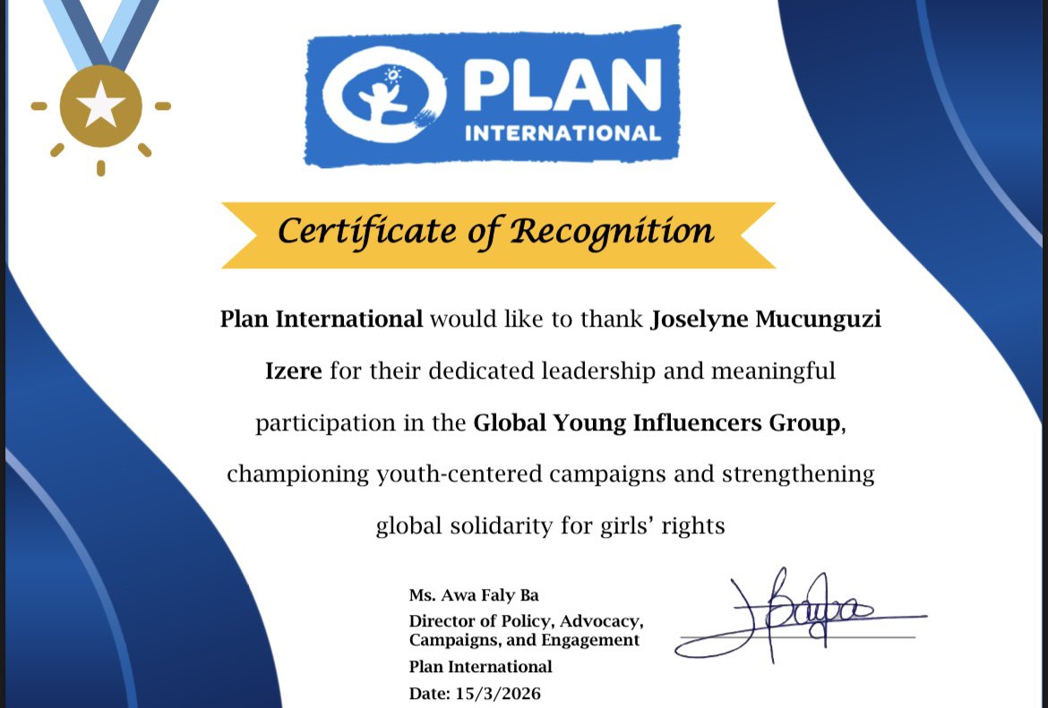 IzereMucunguzi's tweet photo. Today, I celebrate my journey as a Global Young Influencer with Plan International, a space that shaped my voice, purpose and leadership🤍

This milestone belongs to every girl I represented and every young person I collaborated with along the way! A huge shoutout to @PlanRwanda https://t.co/aPHpLDrukI