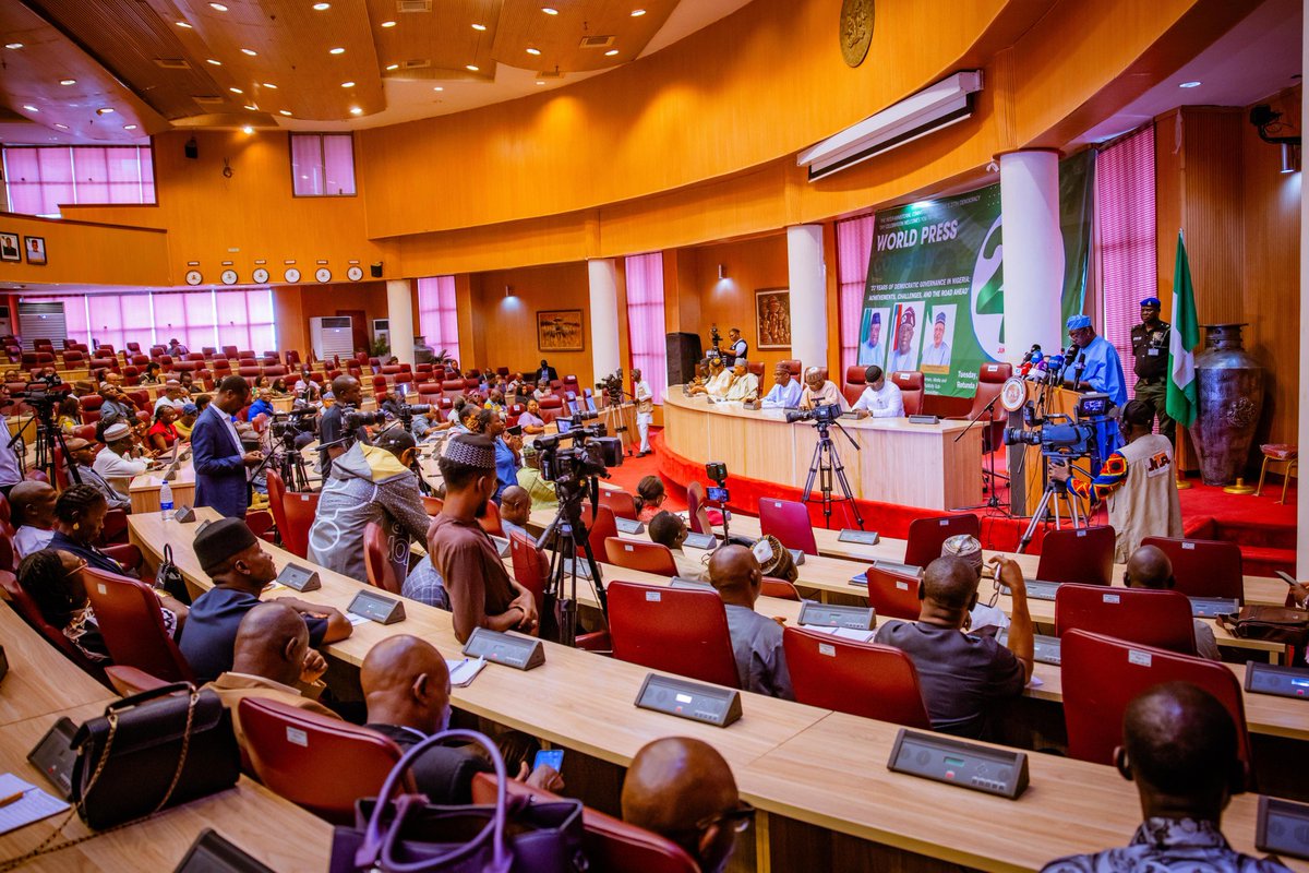 SGFAkume's tweet photo. Earlier today, I addressed a National Press Conference to commemorate Democracy Day 2026 and present an account of the stewardship of the administration of President Bola Ahmed Tinubu,over the past three years. As we mark 27 uninterrupted years of democratic governance.. https://t.co/sYoa4edJDR