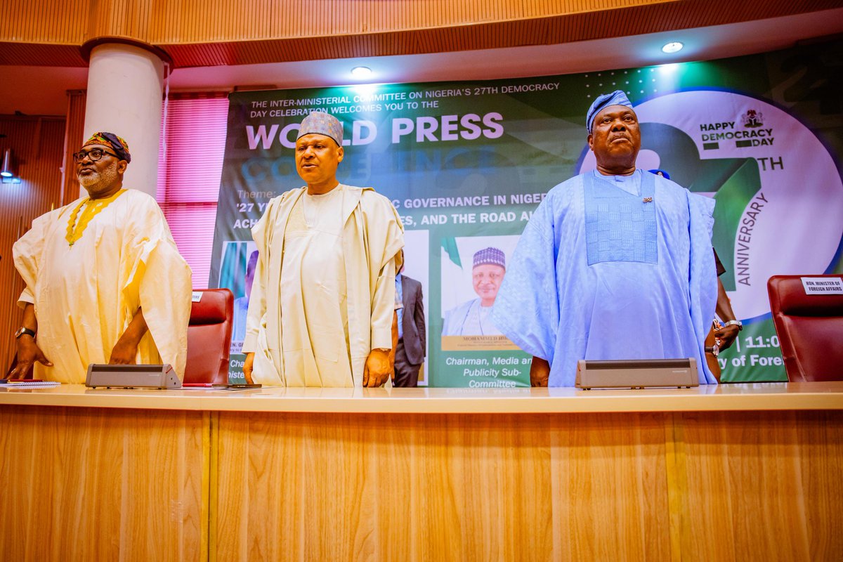 SGFAkume's tweet photo. Earlier today, I addressed a National Press Conference to commemorate Democracy Day 2026 and present an account of the stewardship of the administration of President Bola Ahmed Tinubu,over the past three years. As we mark 27 uninterrupted years of democratic governance.. https://t.co/sYoa4edJDR