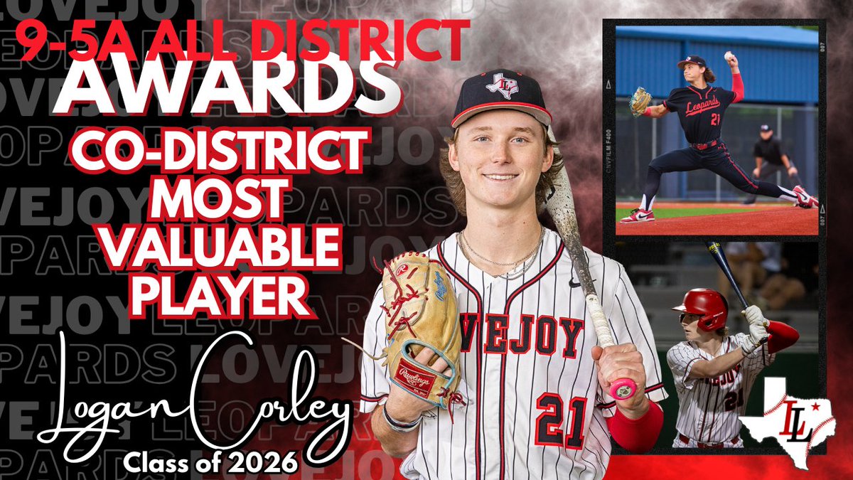 LLDiamondClub's tweet photo. 🏆 CO-DISTRICT MOST VALUABLE PLAYER! 🏆

Let’s go, Logan! A massive congratulations to Logan Corley on earning Co-District MVP honors! Logan was an absolute game-changer for the Leopards this season, putting up elite numbers and constantly coming through in the clutch to anchor our historic championship run.

Incredibly proud of your stellar play, high-impact season, and dedication, Logan! Left it all out of the field!🐆⚾️🔥 @LoganCorley21 

#LeopardNation #LovejoyBaseball #DistrictMVP #MVP #GoLeopards