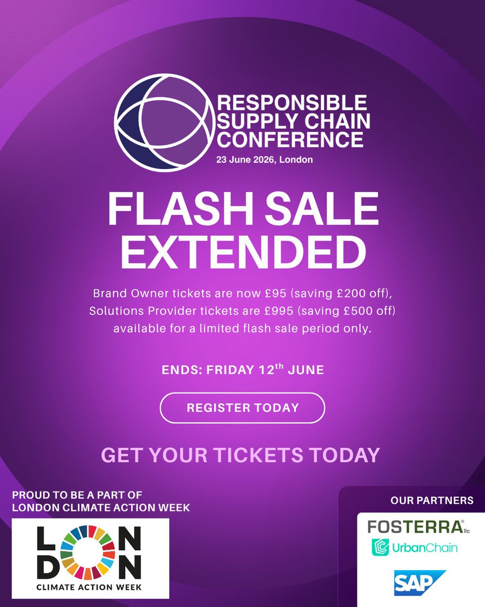 LogisticsManagr's tweet photo. Join us at the Responsible Supply Chain Conference.
23 June in London.

The Flash Sale has been extended

Brand Owners: £95 (usually £295)
Solution Providers: £995 (usually £1,495)

Offer ends Friday 12 June

Register now https://t.co/vykssfRaJl

#SupplyChain #RSCC26 #LCAW https://t.co/hcxnJ9yw6i