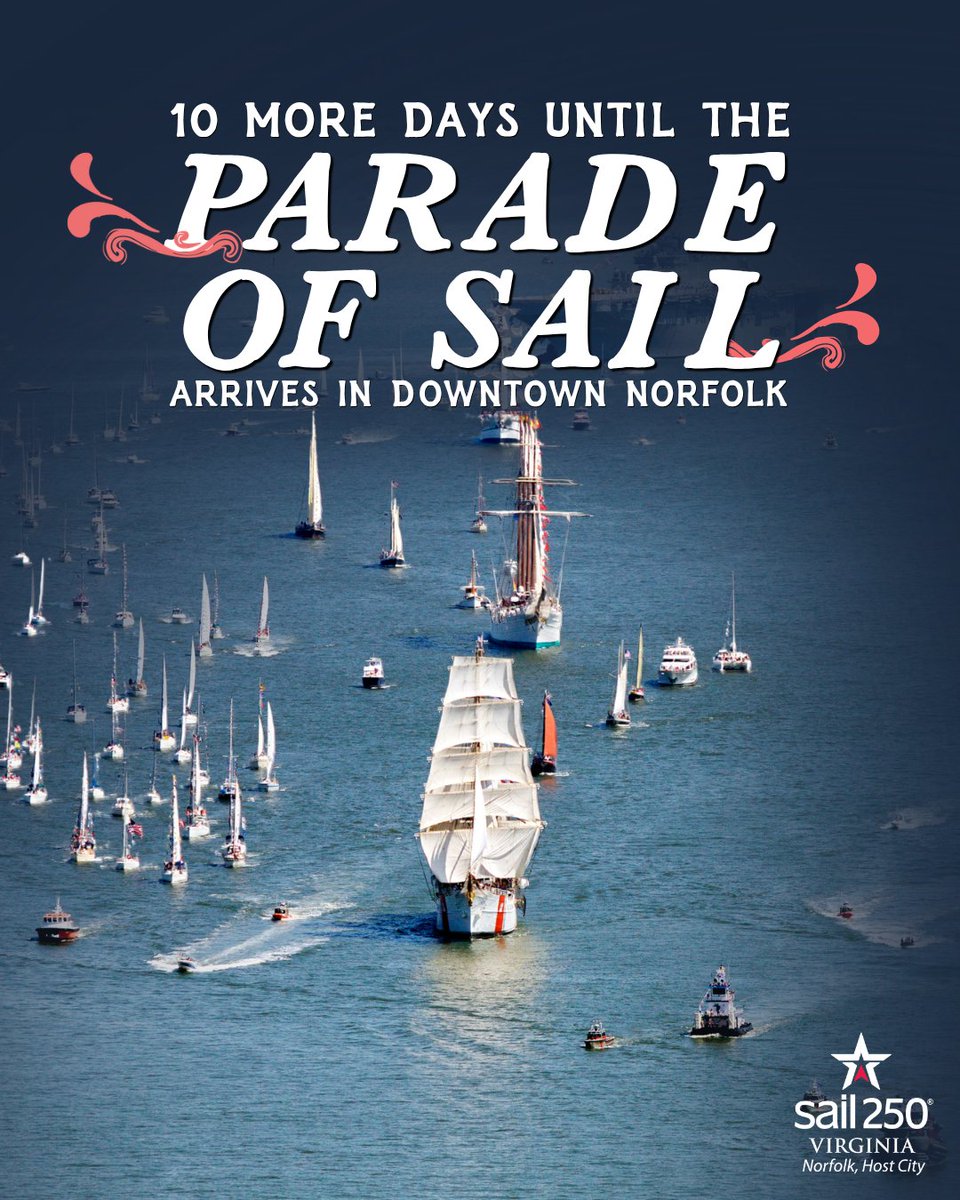 Sail250VA's tweet photo. ⚓️ 10 DAYS TO GO! ⚓️
In 10 days, the Sail250® Virginia Parade of Sail arrives in Downtown Norfolk! Watch an incredible fleet of tall ships and military vessels sail into port and kick off the celebration.
Learn More: https://t.co/CX74tABkr1
#Sail250VA #VisitNorfolk #America250 https://t.co/cVEfZ8hu80
