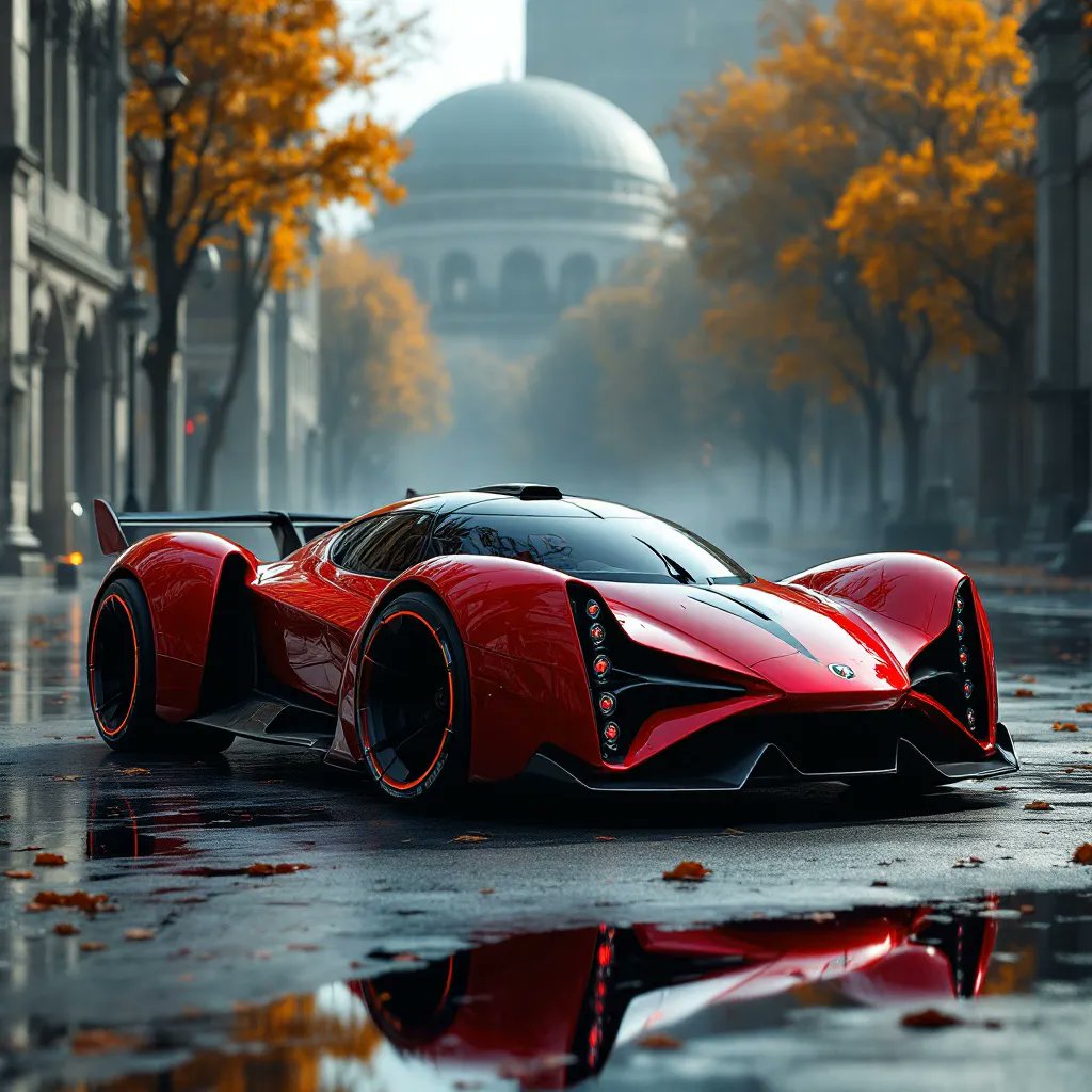 PhotomizeAI's tweet photo. Prompt:

A futuristic red hypercar concept with aggressive aerodynamic body,sharp angular lines, wide arches, racing spoiler, parked on a wet cobblestone street in a foggy European city, autumn golden trees, neoclassical domed building in background, fallen leaves on wet pavement https://t.co/CsgpKBQdi1