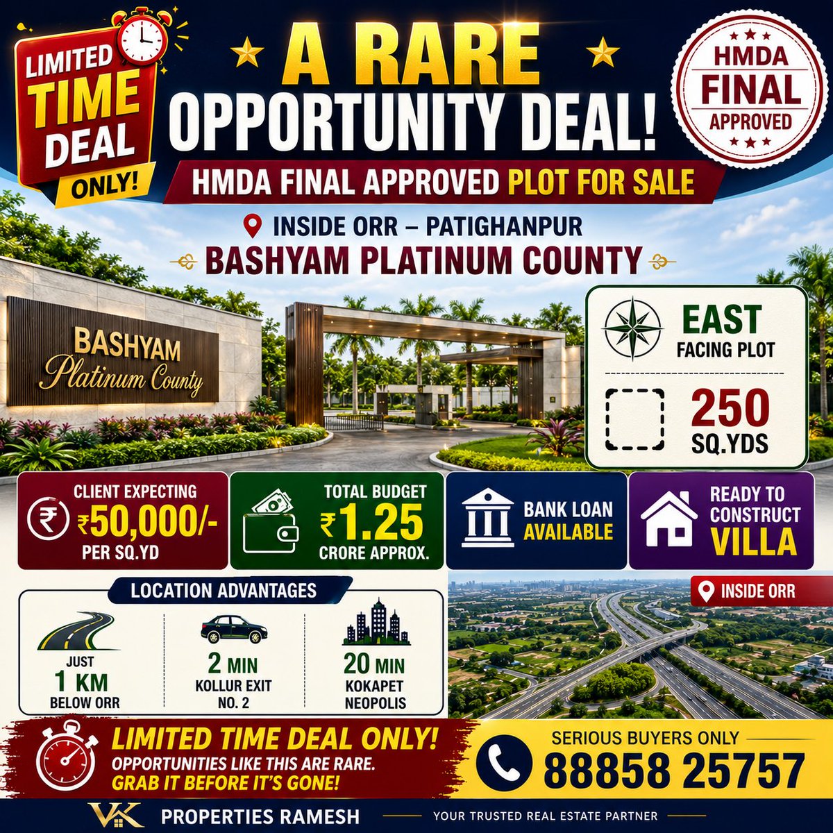 Vkproperti27313's tweet photo. 🚨 LIMITED TIME DEAL ONLY! 🚨
🔥 A Rare Opportunity to Own a Premium HMDA Approved Plot!
📍 Bashyam Platinum County, Patighanpur (Inside ORR)
🏡 East Facing Plot
📐 250 Sq.Yds
💰 Price: ₹50,000/- Per Sq.Yd
💵 Total Budget: ₹1.25 Crore Approx.
Call/WhatsApp: 88858 25757 https://t.co/vH8HM54zME
