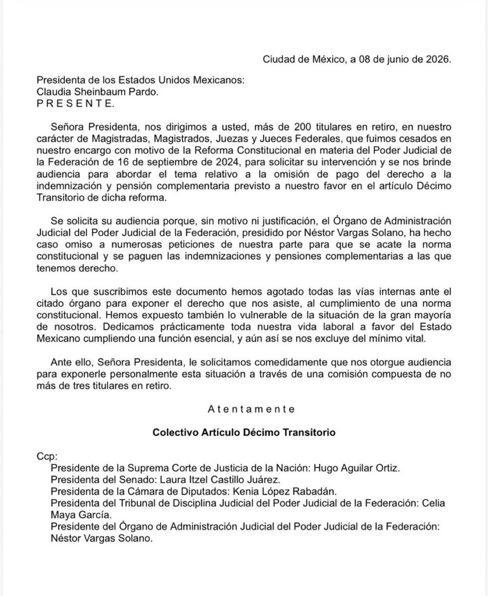 ErnestoGuerra_'s tweet photo. ¿POR QUÉ EL OAJ PRESIDIDO POR NÉSTOR VARGAS NO HA PAGADO LA INDEMNIZACIÓN DE MÁS DE 200 JUZGADORES?

Fueron cesados a raíz de la reforma judicial de 2024.

El 10º transitorio de esa reforma señala el pago del derecho de indemnización.

Ahora solicitan audiencia con Sheinbaum.👇 https://t.co/sZqjiRKiA2