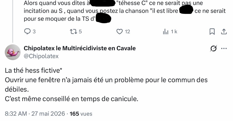 ShizzleTruth's tweet photo. #HarcèlementShizzle Shizzle, de retour sur X, se moque de la tentative de s*ic*d3 de l’une de ses cibles qu’il qualifie de fictive, tout en rajoutant qu’ouvrir ''une fenêtre n’a jamais été un problème pour le commun des d3bil3s'', 27 Mai 2026 https://t.co/1FbBrxWnJT