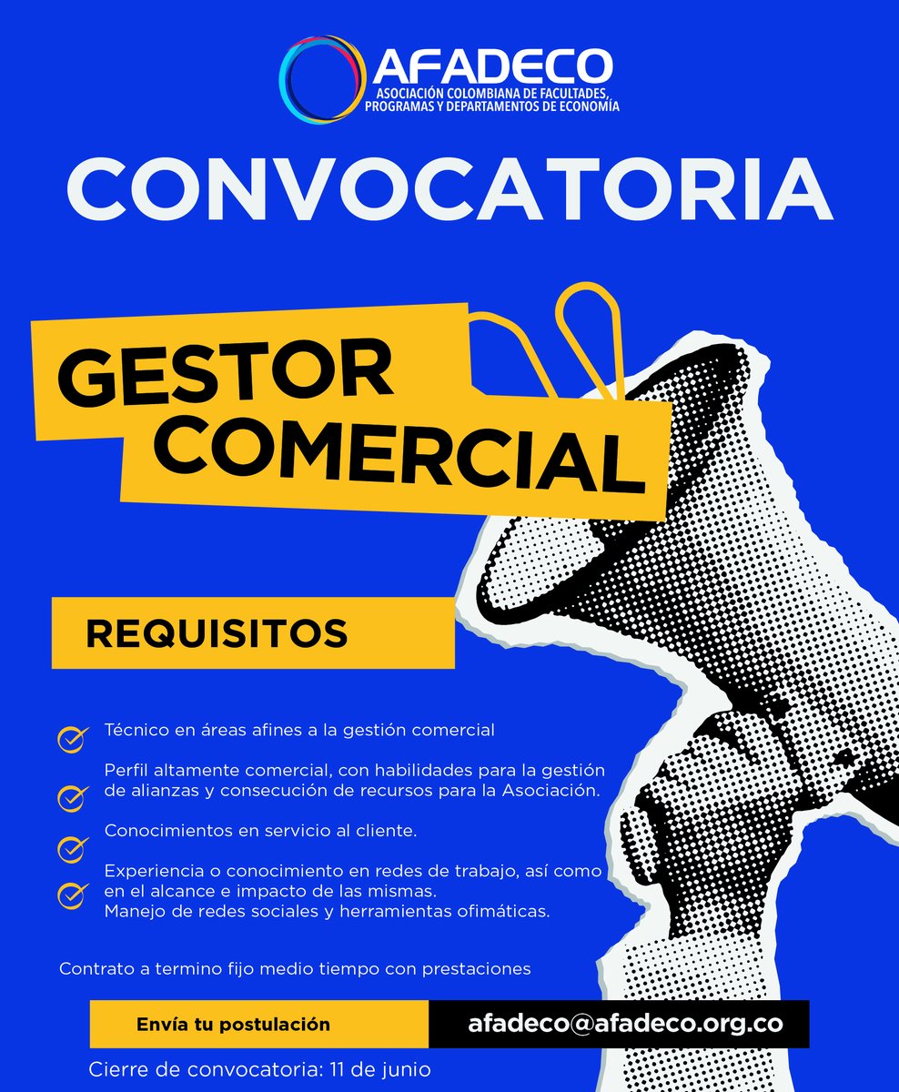 AFADECO1's tweet photo. Vacante: Perfil comercial, experiencia en gestión de alianzas y consecución de recursos, servicio al cliente, redes de trabajo y manejo de redes sociales/ofimática. Postula hasta el 11 de junio al correo afadeco@afadeco.org.co https://t.co/dFoEHTebXa