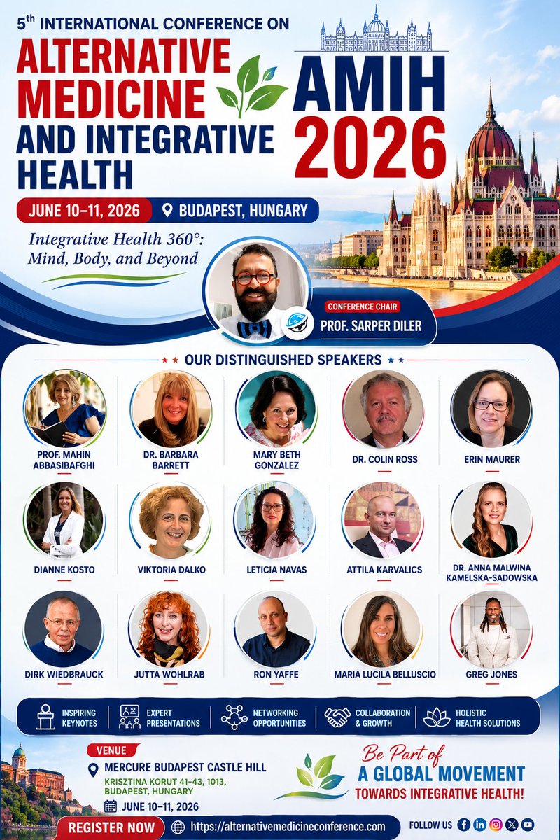 amihconf's tweet photo. 🚨 AMIH 2026 starts tomorrow!Join global experts at the 5th International Conference on Alternative Medicine &amp; Integrative Health in Budapest, Hungary 🇭🇺📅 June 10–11, 2026
🧠 Integrative Health 360°: Mind, Body &amp; Beyond🔗 https://t.co/jsscUBHL2G #AMIH2026 #Budapest https://t.co/rUdcOwlWD3