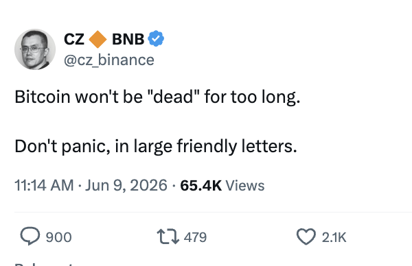 CoinDesk's tweet photo. JUST IN: @cz_binance says “Bitcoin won’t be ‘dead’ for too long.”

“Don’t panic.” https://t.co/Lug3D4lN1Z